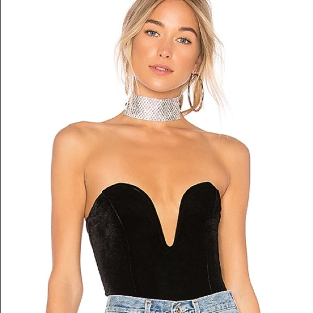 Revolve Hours Black Velvet Strapless Bodysuit S